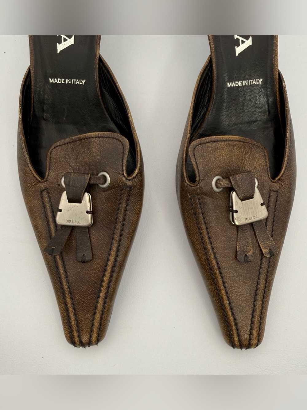 Vintage Prada Bronze Brown Leather Kitten Heel Mule Slides Sz 35.5 Made in Italy - Picture 7 of 17